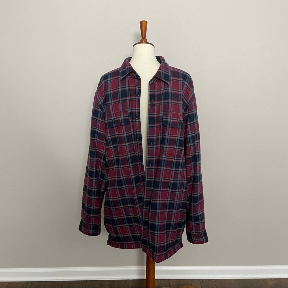 LL Bean Shirt Shacket Flannel Fleece Lined Traditional Fit Tall Red Blue Grey